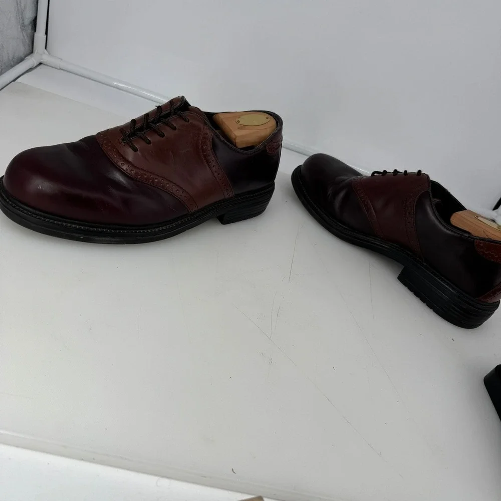 Vintage Nunn Bush Saddle Shoes Men 9.5M Burgundy Brown Leather Brogue Oxford